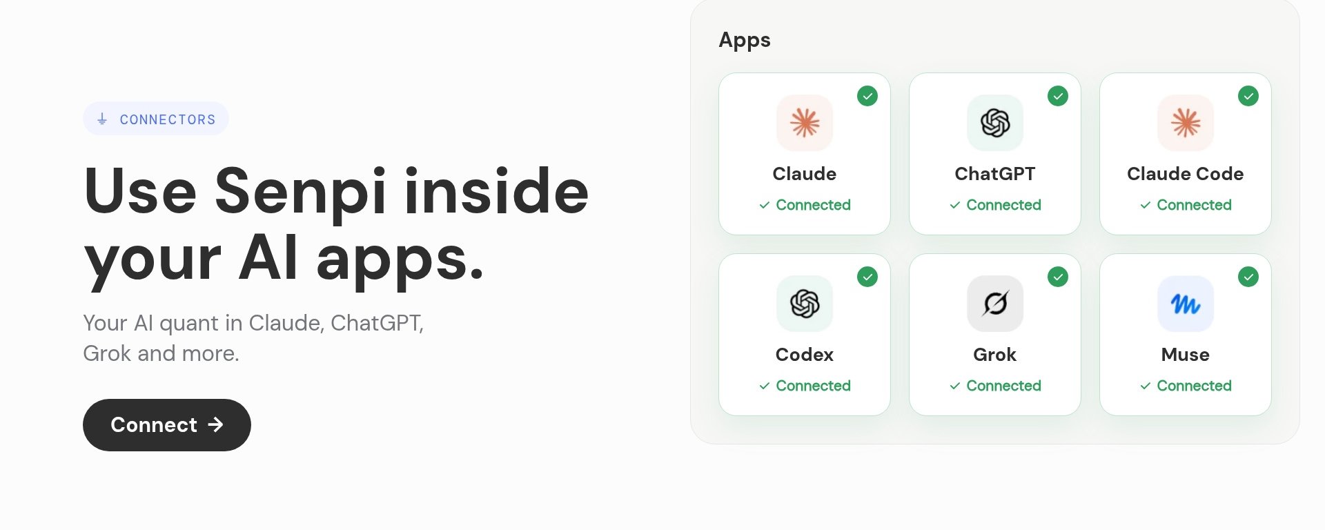 Senpi Connectors: Claude, ChatGPT, Claude Code, Codex, Grok and Muse connected